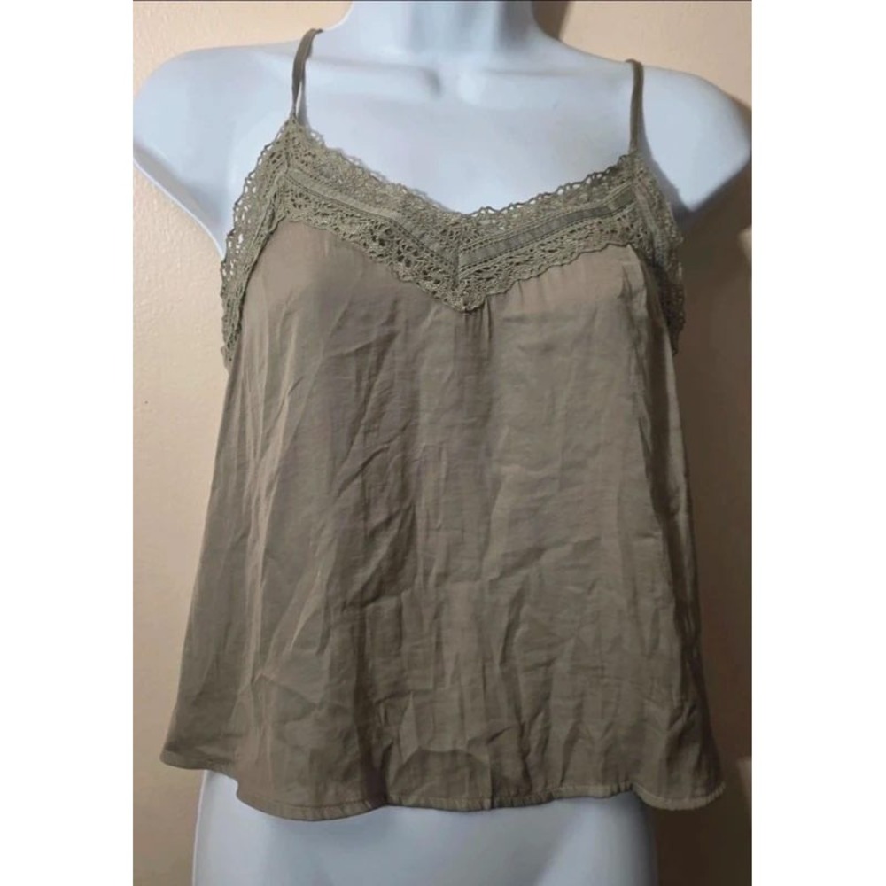 Hollister Lace Trim Cami Top Olive Green Crochet V-Neck XS